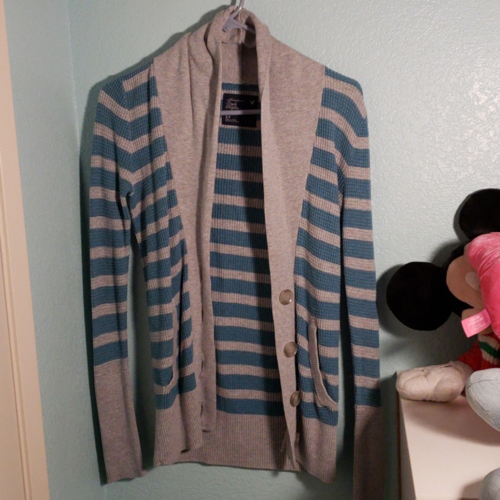 Teal ans gray striped buttoned cardigan